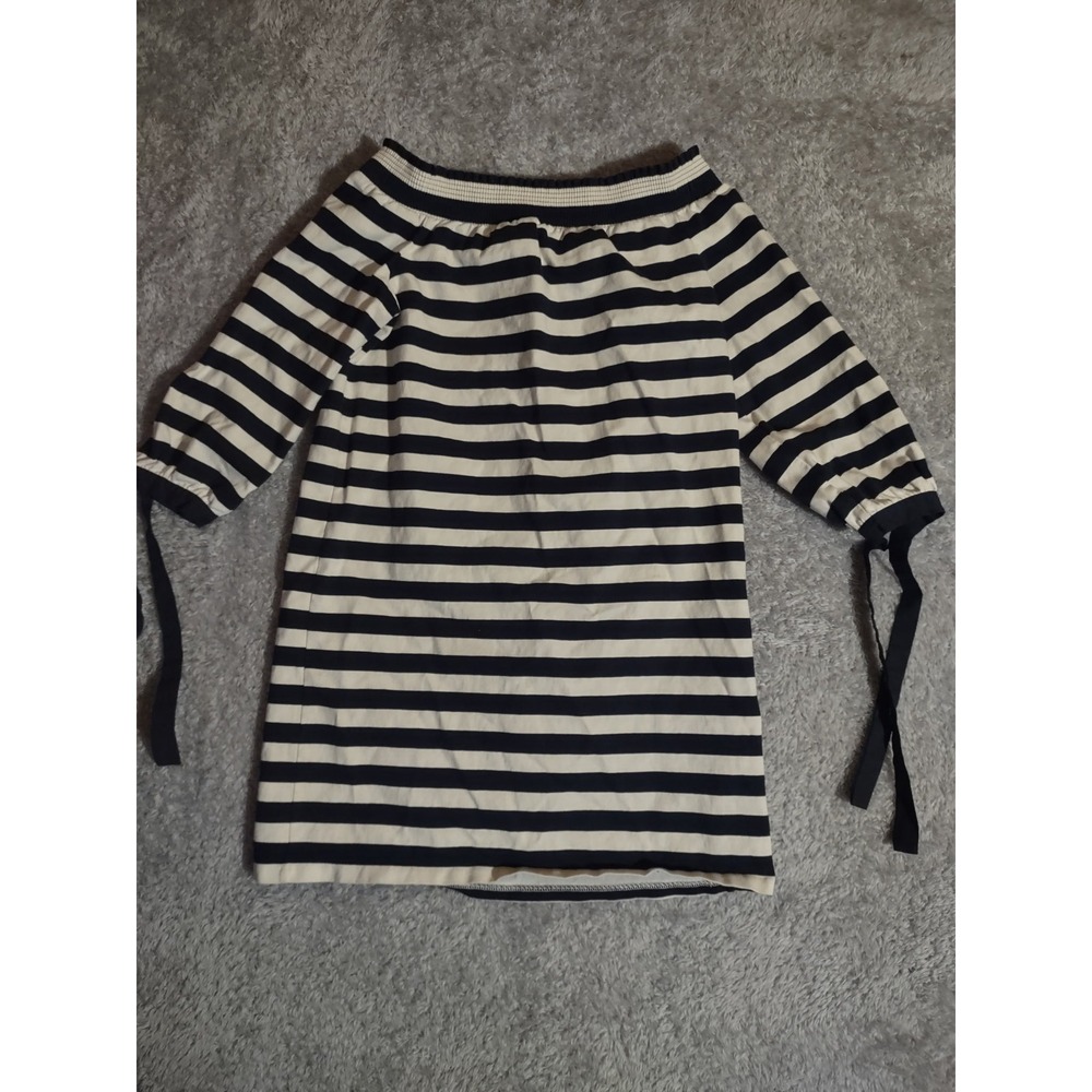 J. Crew Navy Cream Stripe Off Shoulder Size 10P Smocked Dress 3/4 Sleeve G2549